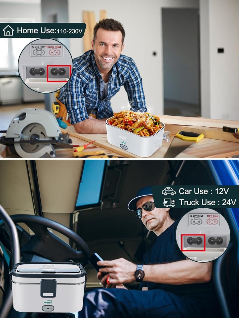 Buddew Electric Lunch Box for Adults, 80W Heated Lunch Box 1.8L Stainless Steel Portable Food Warmer,12/24/110V Lonchera Electrica Portatil for Travel & Work, Loncheras para Hombres de Trabajo(Gray) - Image 3